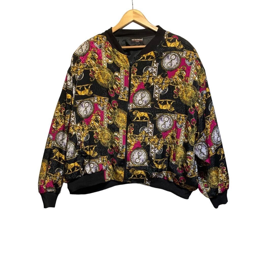 NOTATIONS BOMBER JACKET satin Vintage 80s Ornate Baroque Print